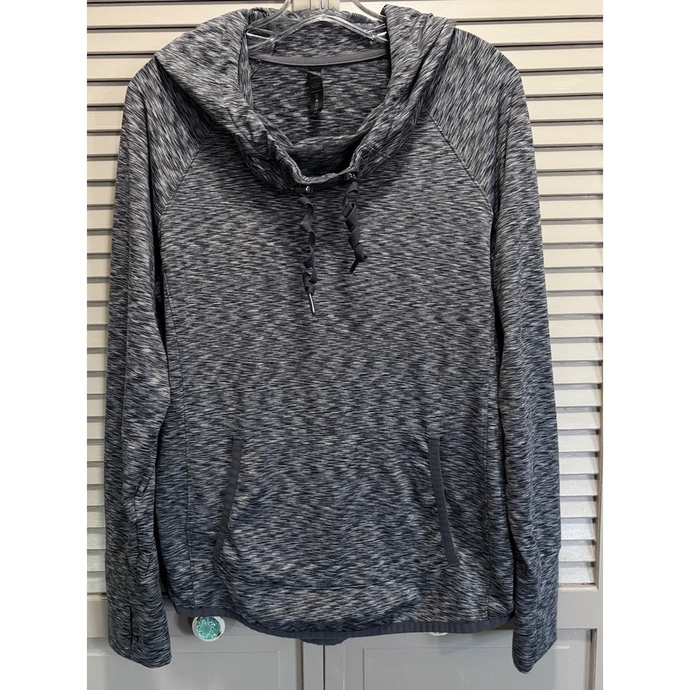 90 Degrees Athletic Top Long Sleeve Logo Size XL Cowl Neck Gray/Blk Thumb Holes